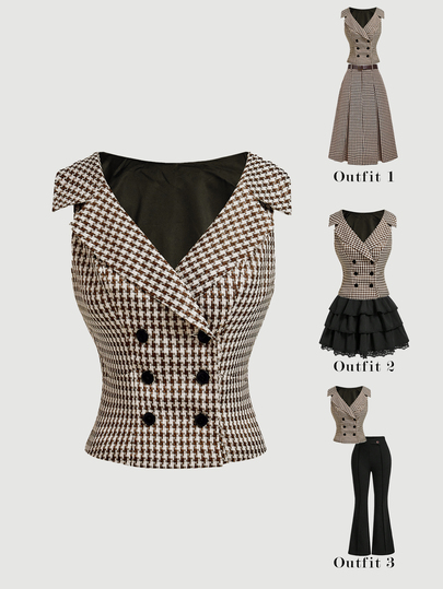 SHEIN MOD Wide Collar Coffee Almond Houndstooth Double Breasted Thin Blazer Jacket
