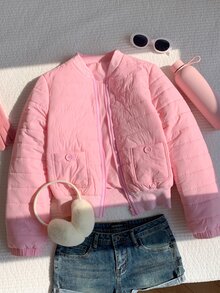 Comfortcana Women's Sweet Pocket Zipper Long Sleeve Padded Coat, Winter Jacket, Elegant Women's Jacket, Office Wear For Women, Cute, Cutecore, Christmas, New Year - Pink - View 5