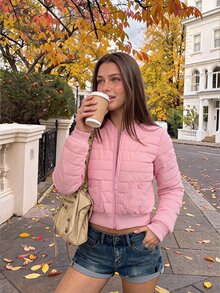 Comfortcana Women's Sweet Pocket Zipper Long Sleeve Padded Coat, Winter Jacket, Elegant Women's Jacket, Office Wear For Women, Cute, Cutecore, Christmas, New Year - Pink - View 8