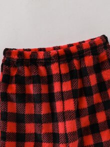 2件組嬰兒男孩女孩法蘭絨圓領長袖格紋貼布繡秋季上衣與紅黑格紋休閒長褲睡衣套裝，適合男童女童冬季服飾穿搭，聖誕節 - 彩色 - 查看 6