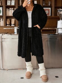 Muchica 大尺碼保暖連帽中長版冬季外套，附口袋，適合居家休閒，黑色休閒優雅款，適合節日正式外出 - 黑色 - 查看 6