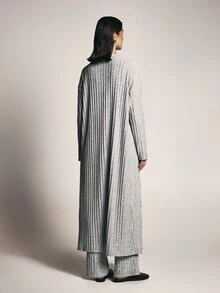 KSTM Ribbed Knit Co-Ord Set Longline Belted Cardigan Robe And Wide Leg Trousers Matching Loungewear Two Piece Outfit - Grey - View 2