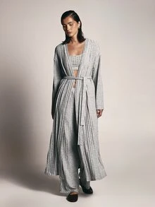 KSTM Ribbed Knit Co-Ord Set Longline Belted Cardigan Robe And Wide Leg Trousers Matching Loungewear Two Piece Outfit - Grey - View 5
