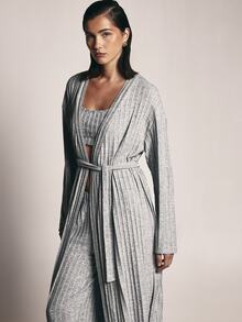 KSTM Ribbed Knit Co-Ord Set Longline Belted Cardigan Robe And Wide Leg Trousers Matching Loungewear Two Piece Outfit - Grey - View 3