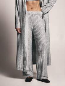 KSTM Ribbed Knit Co-Ord Set Longline Belted Cardigan Robe And Wide Leg Trousers Matching Loungewear Two Piece Outfit - Grey - View 4