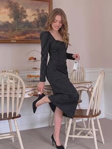 SHEIN MOD Women's Sweetheart Neckline Gigot Sleeve Black And White Striped Ruched Fitted Blazer Top And Long Skirt Set Dinner Office Summer Elegant - Black - View 6