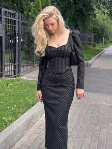 SHEIN MOD Women's Sweetheart Neckline Gigot Sleeve Black And White Striped Ruched Fitted Blazer Top And Long Skirt Set Dinner Office Summer Elegant - Black - View 1