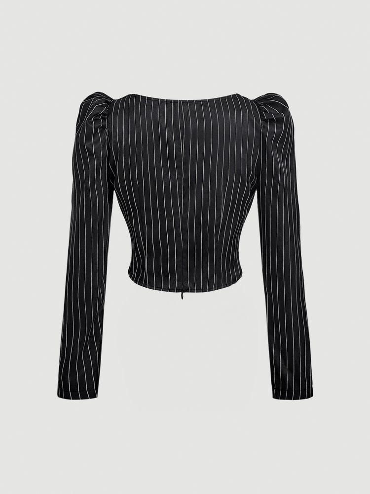 SHEIN MOD Women's Sweetheart Neckline Gigot Sleeve Black And White Striped Ruched Fitted Blazer Top And Long Skirt Set Dinner Office Summer Elegant - Black - View 11