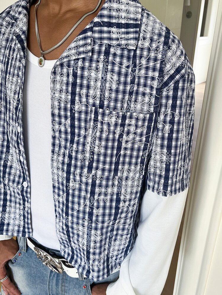 STEELVANCE Men's Embroidered Plaid Patchwork Long Sleeve Single-Breasted Shirt - Navy Blue - View 3