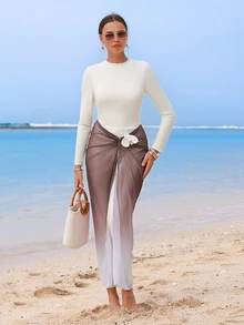 SHEIN Swim High-End Elegant Solid Color Ombre Beach Dress Design, Popular Bestselling Burkini Swimwear, Summer - Multicolor - View 3