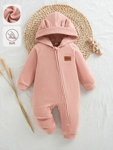 SHEIN Baby Girl Autumn/Winter Double-Sided Fleece Hooded Jumpsuit, Cute Casual Everyday Wear - Pink - View 4