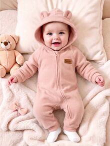SHEIN Baby Girl Autumn/Winter Double-Sided Fleece Hooded Jumpsuit, Cute Casual Everyday Wear - Pink - View 5