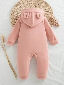 SHEIN Baby Girl Autumn/Winter Double-Sided Fleece Hooded Jumpsuit, Cute Casual Everyday Wear - Pink - View 3