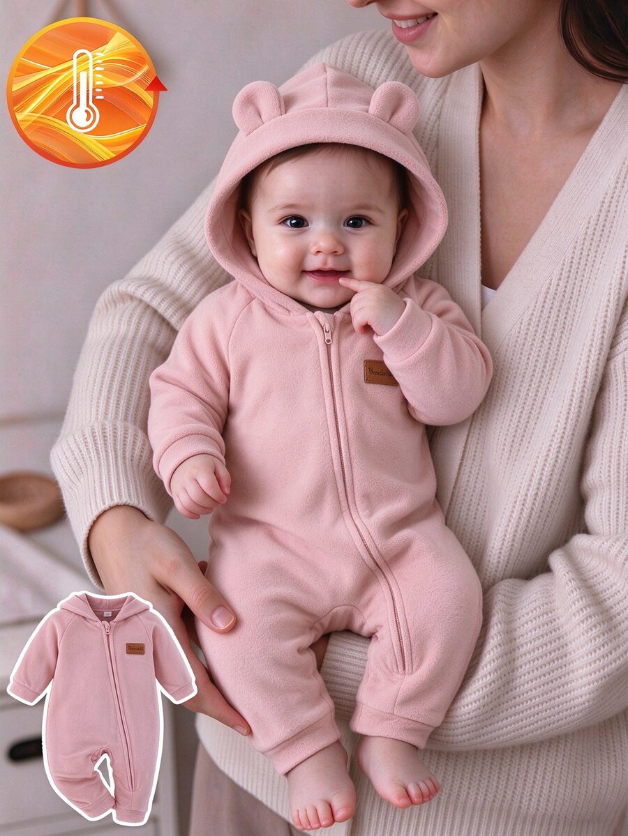SHEIN Baby Girl Autumn/Winter Double-Sided Fleece Hooded Jumpsuit, Cute Casual Everyday Wear