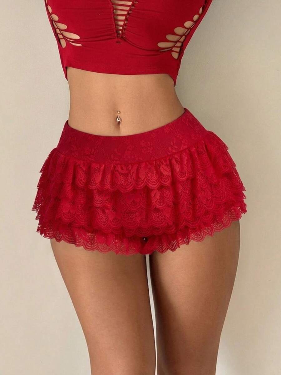 SHEIN ICON Y2k Mini Shorts Rave Festival Outfits Extra Low Waist Ruffled Hem Metal Coating Women's Skort - Red - View 1
