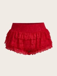 SHEIN ICON Y2k Mini Shorts Rave Festival Outfits Extra Low Waist Ruffled Hem Metal Coating Women's Skort - Red - View 3