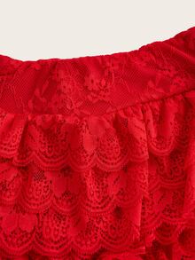 SHEIN ICON Y2k Mini Shorts Rave Festival Outfits Extra Low Waist Ruffled Hem Metal Coating Women's Skort - Red - View 5
