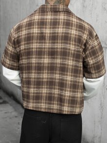 STEELVANCE Men's Casual 2 In 1 Brown Patchwork Plaid Long Sleeve Shirt - Brown - View 5