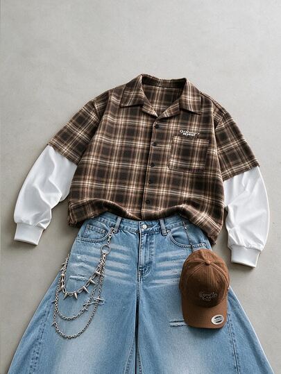 STEELVANCE Men's Casual 2 In 1 Brown Patchwork Plaid Long Sleeve Shirt