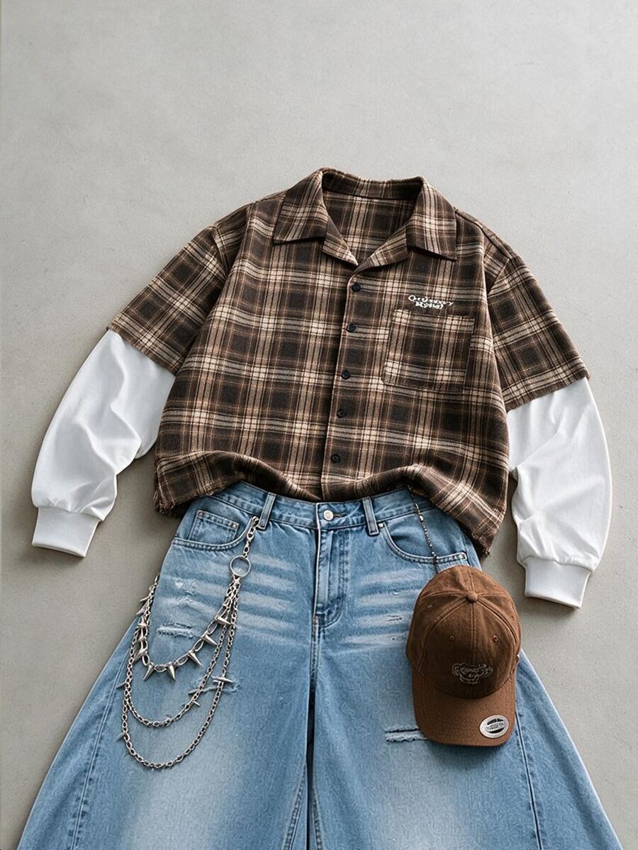STEELVANCE Men's Casual 2 In 1 Brown Patchwork Plaid Long Sleeve Shirt - Brown - View 1