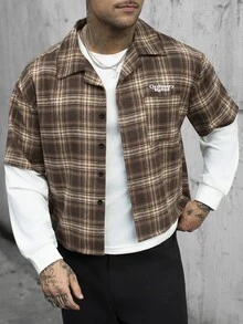 STEELVANCE Men's Casual 2 In 1 Brown Patchwork Plaid Long Sleeve Shirt - Brown - View 4