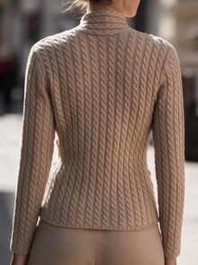 Omancia Women Early Fall Slim Fit Cable Knit Cardigan, V Neck Long Sleeve Fitted Open Front Sweater, Daily Commute Textured Knit Outerwear - Apricot - View 2
