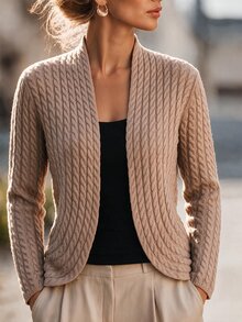 Omancia Women Early Fall Slim Fit Cable Knit Cardigan, V Neck Long Sleeve Fitted Open Front Sweater, Daily Commute Textured Knit Outerwear - Apricot - View 4
