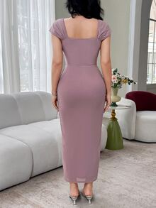 Feyla New Arrival Ruched Waist Floral Bud Elegant Cocktail Party Vacation Dress - Dusty Pink - View 4