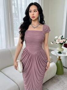 Feyla New Arrival Ruched Waist Floral Bud Elegant Cocktail Party Vacation Dress - Dusty Pink - View 2