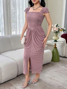 Feyla New Arrival Ruched Waist Floral Bud Elegant Cocktail Party Vacation Dress - Dusty Pink - View 7
