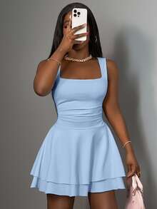 Slaydiva Women's Summer Casual Basic Sports Sweet Square Neck Ruched Double Layer Flared Short Dress,Bodycon Dress - Blue - View 6