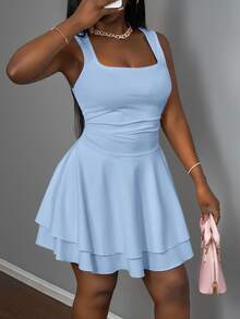 Slaydiva Women's Summer Casual Basic Sports Sweet Square Neck Ruched Double Layer Flared Short Dress,Bodycon Dress - Blue - View 7