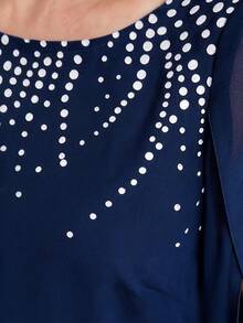 Miaspire [Printed Design] Elegant Rhinestone Pattern Dress, Chiffon Fabric Navy Blue Loose 3/4 Sleeve Fit Dress, Wedding Guest Party, Luxury Evening Occasion, Going Out, Fall Wear - Navy Blue - View 7
