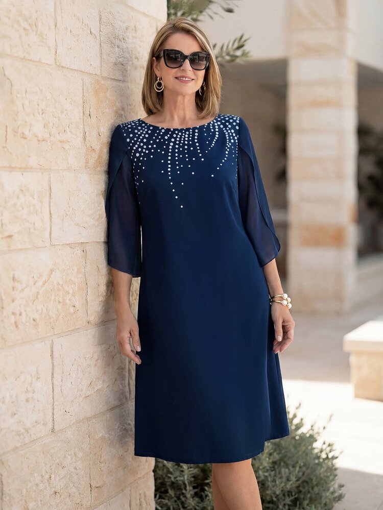 Miaspire [Printed Design] Elegant Rhinestone Pattern Dress, Chiffon Fabric Navy Blue Loose 3/4 Sleeve Fit Dress, Wedding Guest Party, Luxury Evening Occasion, Going Out, Fall Wear - Navy Blue - View 1
