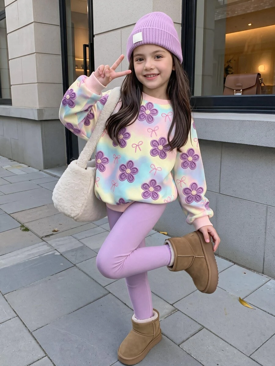 Toddler Girls Tie-Dye Floral Bow Print Crew Neck Sweatshirt + Solid Color Elastic Leggings Casual 2 Pieces Set Autumn Winter - Multicolor - View 1