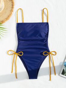 SHEIN Swim 夏季沙灘單件泳衣，帶束帶，開放式背部和側開口設計 - 藍色 - 查看 3
