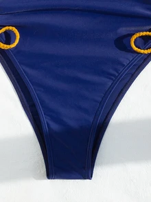 SHEIN Swim 夏季沙灘單件泳衣，帶束帶，開放式背部和側開口設計 - 藍色 - 查看 6