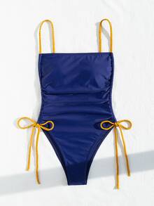 SHEIN Swim 夏季沙灘單件泳衣，帶束帶，開放式背部和側開口設計 - 藍色 - 查看 4