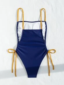 SHEIN Swim 夏季沙灘單件泳衣，帶束帶，開放式背部和側開口設計 - 藍色 - 查看 5