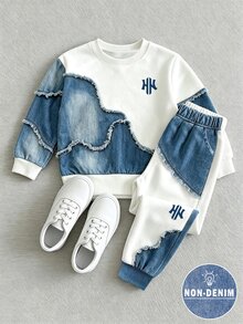 2件組青少年男孩時尚極簡舒適圓領衛衣與運動長褲，極簡拼接英文印花設計，適合假期聚會與派對，休閒舒適，男孩春/秋/冬首選，春/秋/冬街頭穿搭，返校與聚會休閒穿搭 - 彩色 - 查看 4