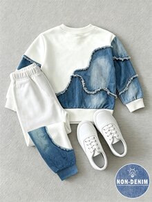 2件組青少年男孩時尚極簡舒適圓領衛衣與運動長褲，極簡拼接英文印花設計，適合假期聚會與派對，休閒舒適，男孩春/秋/冬首選，春/秋/冬街頭穿搭，返校與聚會休閒穿搭 - 彩色 - 查看 3