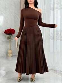 Feyla Oblique Shoulder, Ruched, Patchwork Fish Tail Hem Elegant Everyday & Party Versatile Long Sleeve Dress - Brown - View 3