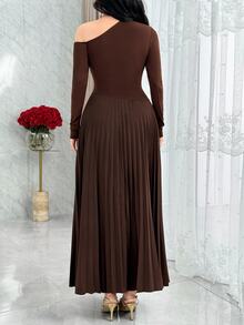 Feyla Oblique Shoulder, Ruched, Patchwork Fish Tail Hem Elegant Everyday & Party Versatile Long Sleeve Dress - Brown - View 4