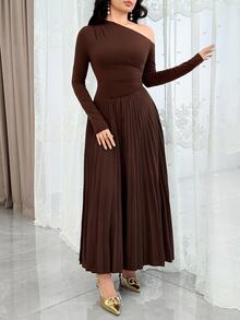 Feyla Oblique Shoulder, Ruched, Patchwork Fish Tail Hem Elegant Everyday & Party Versatile Long Sleeve Dress - Brown - View 5