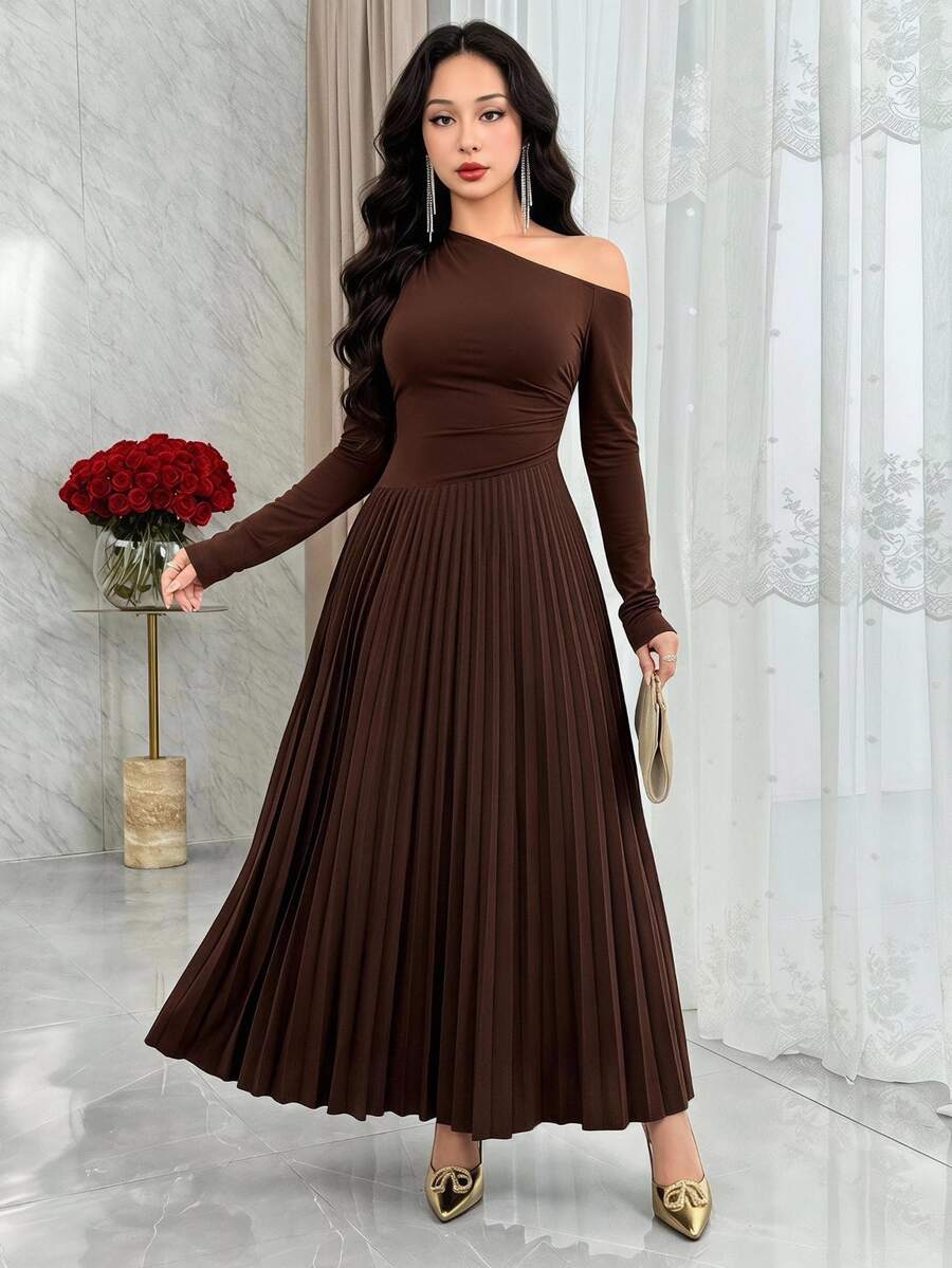 Feyla Oblique Shoulder, Ruched, Patchwork Fish Tail Hem Elegant Everyday & Party Versatile Long Sleeve Dress - Brown - View 1