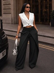 BamGleam Women's Button Lapel Vest Jacket And Double Waistband Long Pants Suit Set - Black and White - View 2