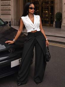 BamGleam Women's Button Lapel Vest Jacket And Double Waistband Long Pants Suit Set - Black and White - View 4