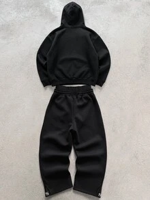 STYNVO Men's Black Hoodie & Wide Leg Sweatpants Tracksuit Set, Oversized Embroidered Streetwear Co-Ord - Black - View 3
