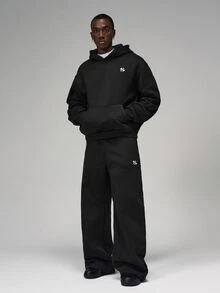 STYNVO Men's Black Hoodie & Wide Leg Sweatpants Tracksuit Set, Oversized Embroidered Streetwear Co-Ord - Black - View 4