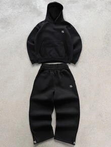 STYNVO Men's Black Hoodie & Wide Leg Sweatpants Tracksuit Set, Oversized Embroidered Streetwear Co-Ord - Black - View 2